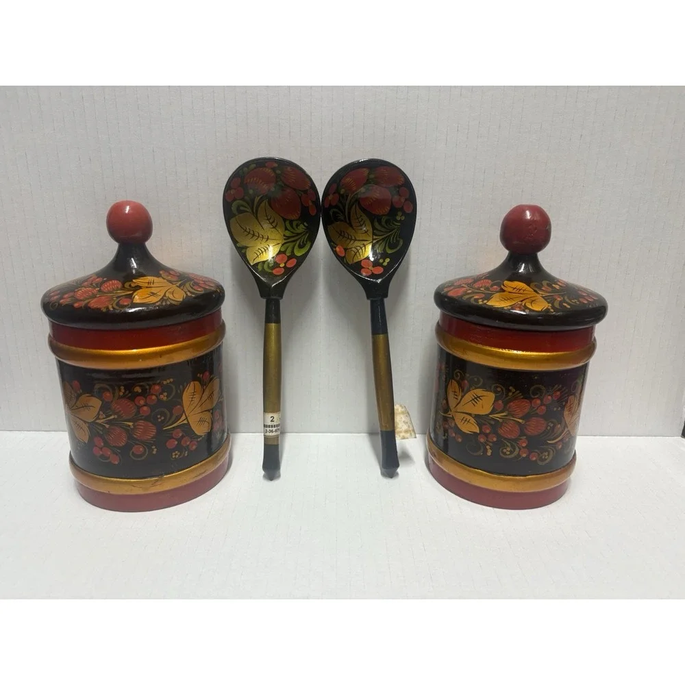 Vintage Russian Khokhloma Jar 6.5‎ in tall Lidded Wood Lacquer plus 2 spoons